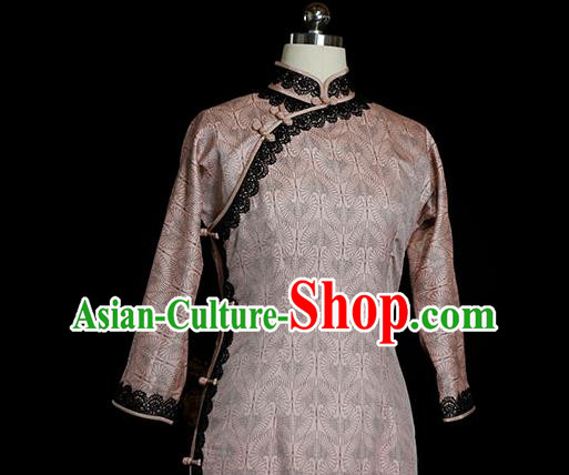 Republic of China Shanghai Woman Qipao Dress Traditional Minguo Classical Cranes Pattern Pink Cheongsam Republic of China Shanghai Woman Qipao Dress Traditional Minguo Classical Cranes Pattern Pink Cheongsam