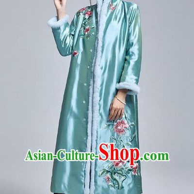 Chinese Traditional Tang Suit Cotton Wadded Coat National Embroidered Peony Blue Silk Dust Coat