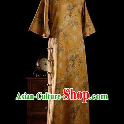 Republic of China Yellow Gambiered Guangdong Gauze Qipao Dress Traditional Minguo Classical Printing Pear Blossom Cheongsam