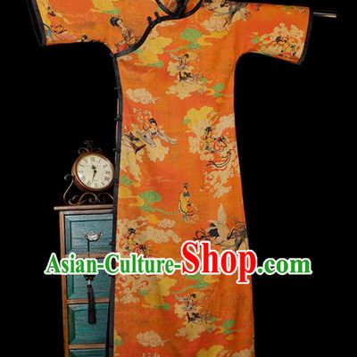 Republic of China Printing Fairy Qipao Dress Traditional Minguo Classical Shanghai Orange Gambiered Guangdong Gauze Cheongsam