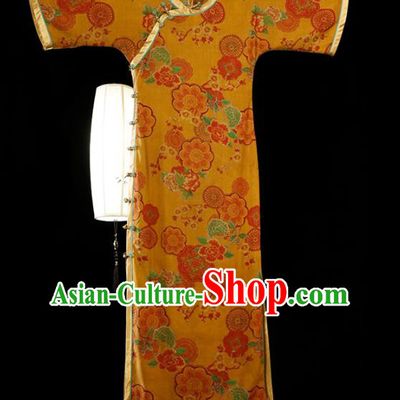 Republic of China Classical Printing Yellow Cheongsam Traditional Minguo Gambiered Guangdong Gauze Qipao Dress