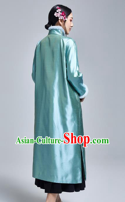 Chinese Traditional Tang Suit Cotton Wadded Coat National Embroidered Peony Blue Silk Dust Coat Chinese Traditional Tang Suit Cotton Wadded Coat National Embroidered Peony Blue Silk Dust Coat