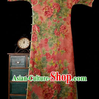 Republic of China Classical Gambiered Guangdong Gauze Cheongsam Traditional Minguo Printing Peony Red Qipao Dress