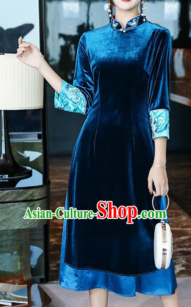 Chinese Traditional Embroidered Blue Velvet Qipao Dress Tang Suit Cheongsam Costume Chinese Traditional Embroidered Blue Velvet Qipao Dress Tang Suit Cheongsam Costume