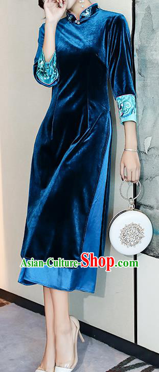 Chinese Traditional Embroidered Blue Velvet Qipao Dress Tang Suit Cheongsam Costume Chinese Traditional Embroidered Blue Velvet Qipao Dress Tang Suit Cheongsam Costume