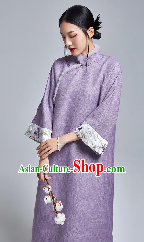 China Classical Cheongsam Costume Traditional Young Lady Embroidered Violet Qipao Dress China Classical Cheongsam Costume Traditional Young Lady Embroidered Violet Qipao Dress