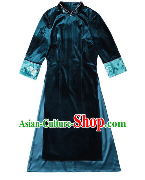Chinese Traditional Embroidered Blue Velvet Qipao Dress Tang Suit Cheongsam Costume Chinese Traditional Embroidered Blue Velvet Qipao Dress Tang Suit Cheongsam Costume