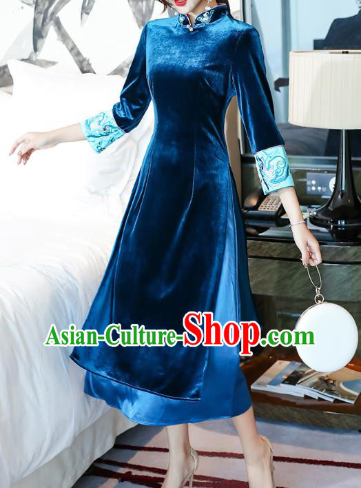 Chinese Traditional Embroidered Blue Velvet Qipao Dress Tang Suit Cheongsam Costume Chinese Traditional Embroidered Blue Velvet Qipao Dress Tang Suit Cheongsam Costume