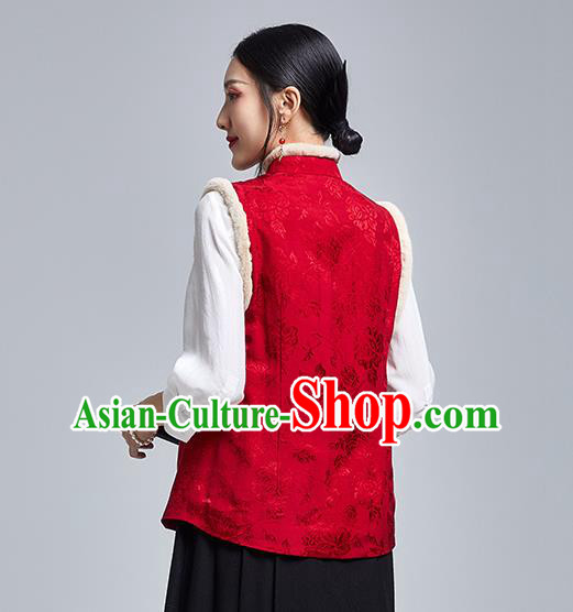 Chinese Traditional Tang Suit Upper Outer Garment National Red Brocade Cotton Wadded Vest Chinese Traditional Tang Suit Upper Outer Garment National Red Brocade Cotton Wadded Vest