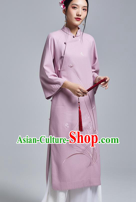 China Classical Lilac Woolen Cheongsam Costume Traditional Young Lady Embroidered Orchids Qipao Dress China Classical Lilac Woolen Cheongsam Costume Traditional Young Lady Embroidered Orchids Qipao Dress