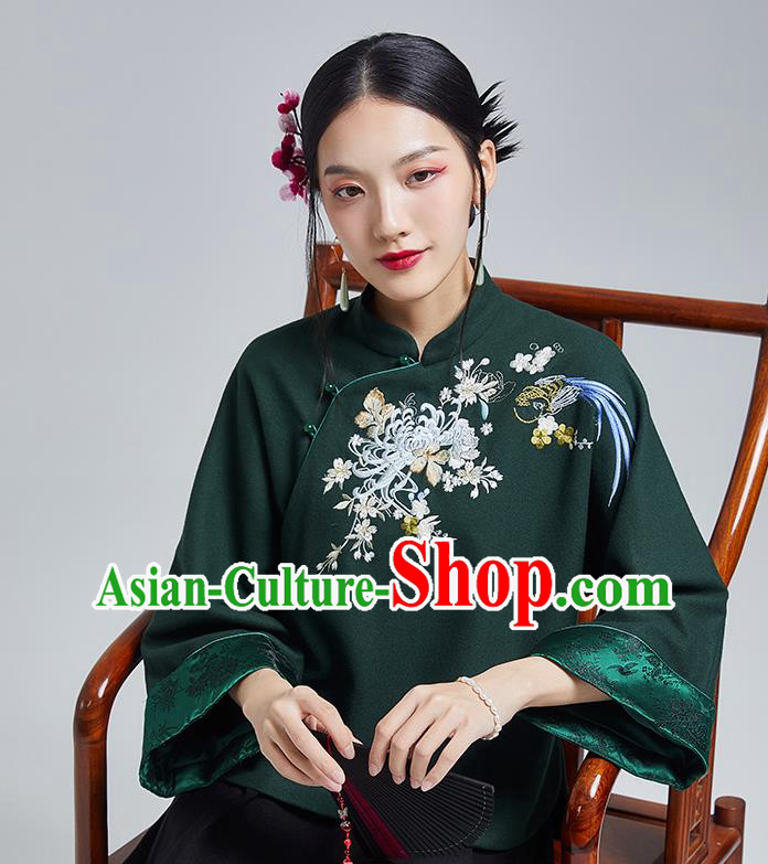 Chinese Traditional Tang Suit Embroidered Chrysanthemum Outer Garment National Atrovirens Woolen Cotton Wadded Jacket Chinese Traditional Tang Suit Embroidered Chrysanthemum Outer Garment National Atrovirens Woolen Cotton Wadded Jacket