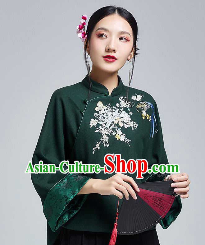 Chinese Traditional Tang Suit Embroidered Chrysanthemum Outer Garment National Atrovirens Woolen Cotton Wadded Jacket Chinese Traditional Tang Suit Embroidered Chrysanthemum Outer Garment National Atrovirens Woolen Cotton Wadded Jacket