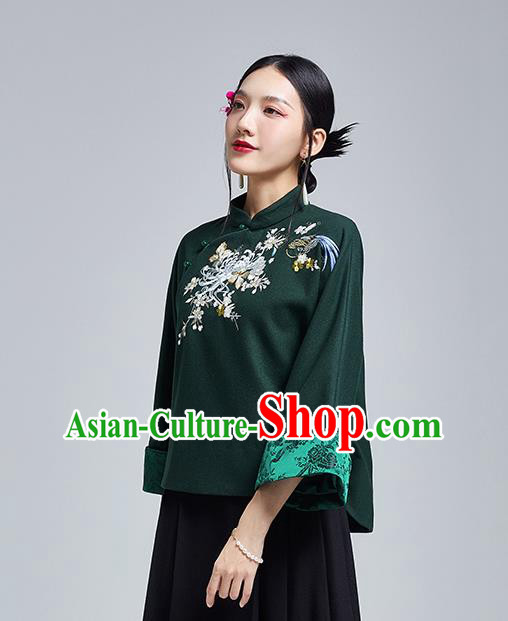 Chinese Traditional Tang Suit Embroidered Chrysanthemum Outer Garment National Atrovirens Woolen Cotton Wadded Jacket Chinese Traditional Tang Suit Embroidered Chrysanthemum Outer Garment National Atrovirens Woolen Cotton Wadded Jacket