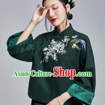 Chinese Traditional Tang Suit Embroidered Chrysanthemum Outer Garment National Atrovirens Woolen Cotton Wadded Jacket