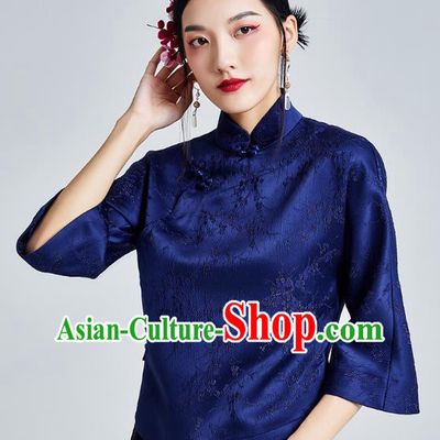 Chinese Traditional Tang Suit Upper Outer Garment Shirt Classical Cheongsam Royalblue Brocade Blouse