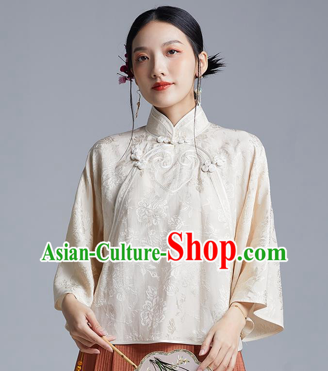 Chinese Classical Cheongsam Beige Silk Blouse Traditional Tang Suit Shirt Upper Outer Garment Chinese Classical Cheongsam Beige Silk Blouse Traditional Tang Suit Shirt Upper Outer Garment