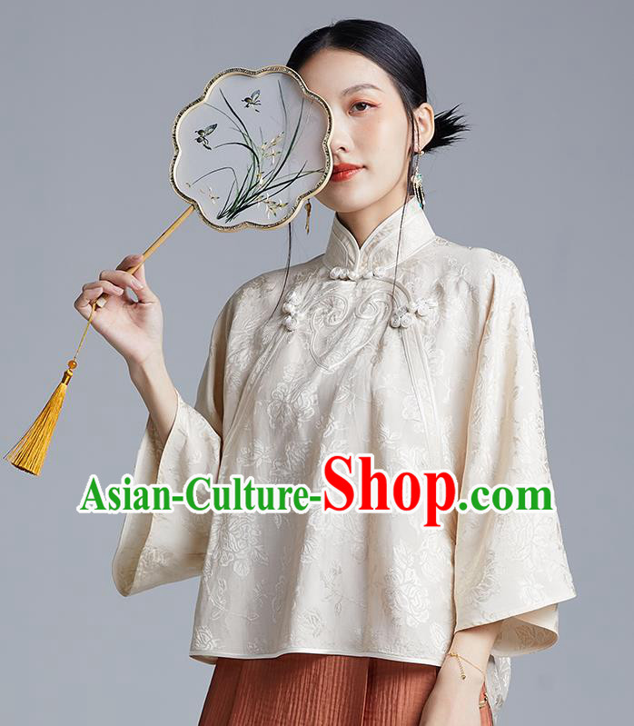Chinese Classical Cheongsam Beige Silk Blouse Traditional Tang Suit Shirt Upper Outer Garment Chinese Classical Cheongsam Beige Silk Blouse Traditional Tang Suit Shirt Upper Outer Garment