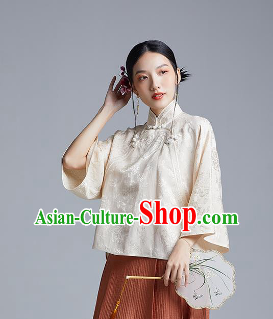 Chinese Classical Cheongsam Beige Silk Blouse Traditional Tang Suit Shirt Upper Outer Garment Chinese Classical Cheongsam Beige Silk Blouse Traditional Tang Suit Shirt Upper Outer Garment