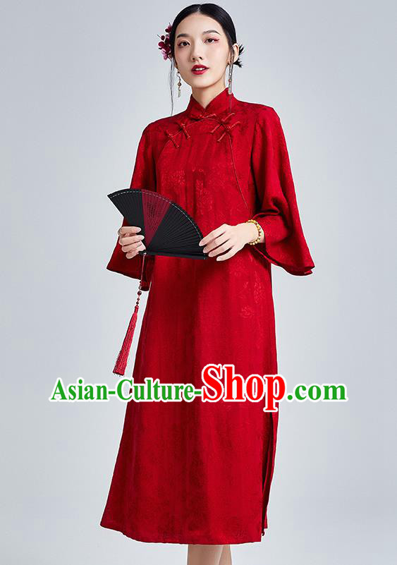 China Classical Wide Sleeve Cheongsam Costume Traditional Young Lady Red Brocade Qipao Dress China Classical Wide Sleeve Cheongsam Costume Traditional Young Lady Red Brocade Qipao Dress