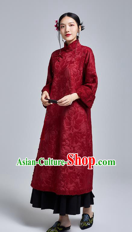 China Classical Embroidered Wine Red Cheongsam Costume Traditional Young Lady Loose Qipao Dress China Classical Embroidered Wine Red Cheongsam Costume Traditional Young Lady Loose Qipao Dress
