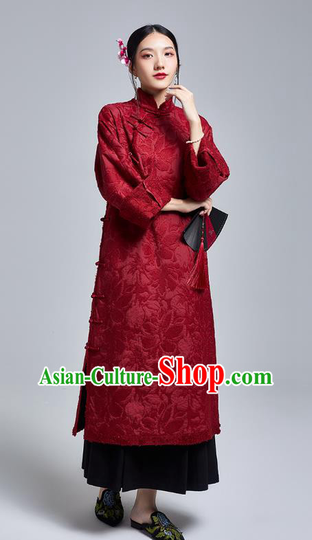 China Classical Embroidered Wine Red Cheongsam Costume Traditional Young Lady Loose Qipao Dress China Classical Embroidered Wine Red Cheongsam Costume Traditional Young Lady Loose Qipao Dress