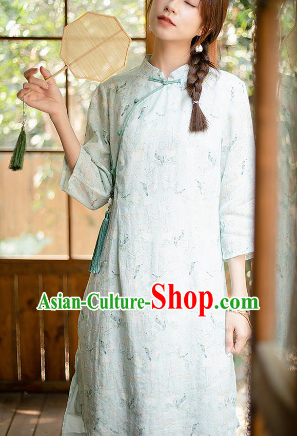 China Classical Light Green Ramie Cheongsam Zen Costume Traditional Young Lady Printing Qipao Dress China Classical Light Green Ramie Cheongsam Zen Costume Traditional Young Lady Printing Qipao Dress