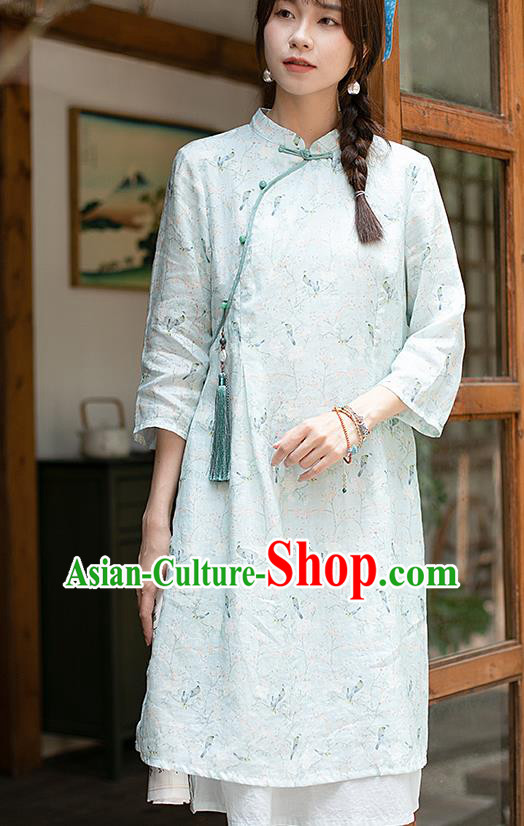 China Classical Light Green Ramie Cheongsam Zen Costume Traditional Young Lady Printing Qipao Dress China Classical Light Green Ramie Cheongsam Zen Costume Traditional Young Lady Printing Qipao Dress