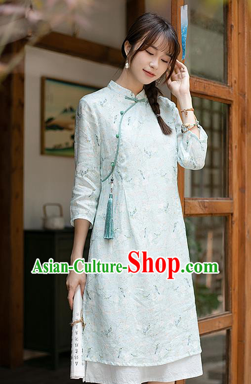 China Classical Light Green Ramie Cheongsam Zen Costume Traditional Young Lady Printing Qipao Dress China Classical Light Green Ramie Cheongsam Zen Costume Traditional Young Lady Printing Qipao Dress
