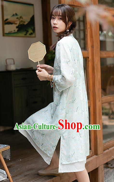 China Classical Light Green Ramie Cheongsam Zen Costume Traditional Young Lady Printing Qipao Dress China Classical Light Green Ramie Cheongsam Zen Costume Traditional Young Lady Printing Qipao Dress