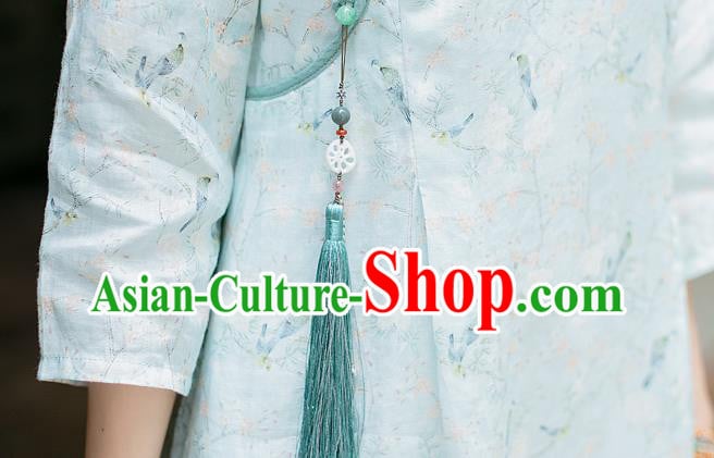 China Classical Light Green Ramie Cheongsam Zen Costume Traditional Young Lady Printing Qipao Dress China Classical Light Green Ramie Cheongsam Zen Costume Traditional Young Lady Printing Qipao Dress