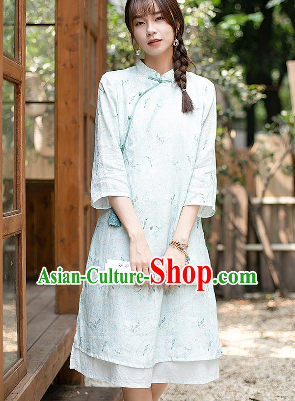 China Classical Light Green Ramie Cheongsam Zen Costume Traditional Young Lady Printing Qipao Dress China Classical Light Green Ramie Cheongsam Zen Costume Traditional Young Lady Printing Qipao Dress