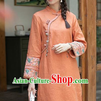 Chinese Traditional Tang Suit Long Shirt Classical Cheongsam Embroidered Orange Flax Blouse