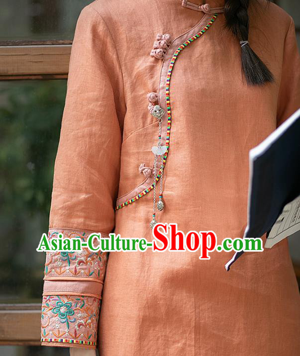 Chinese Traditional Tang Suit Long Shirt Classical Cheongsam Embroidered Orange Flax Blouse Chinese Traditional Tang Suit Long Shirt Classical Cheongsam Embroidered Orange Flax Blouse