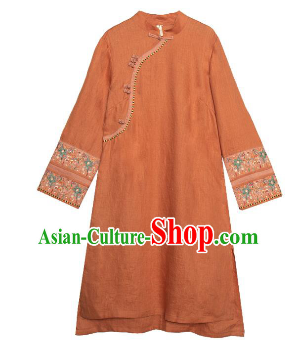 Chinese Traditional Tang Suit Long Shirt Classical Cheongsam Embroidered Orange Flax Blouse Chinese Traditional Tang Suit Long Shirt Classical Cheongsam Embroidered Orange Flax Blouse