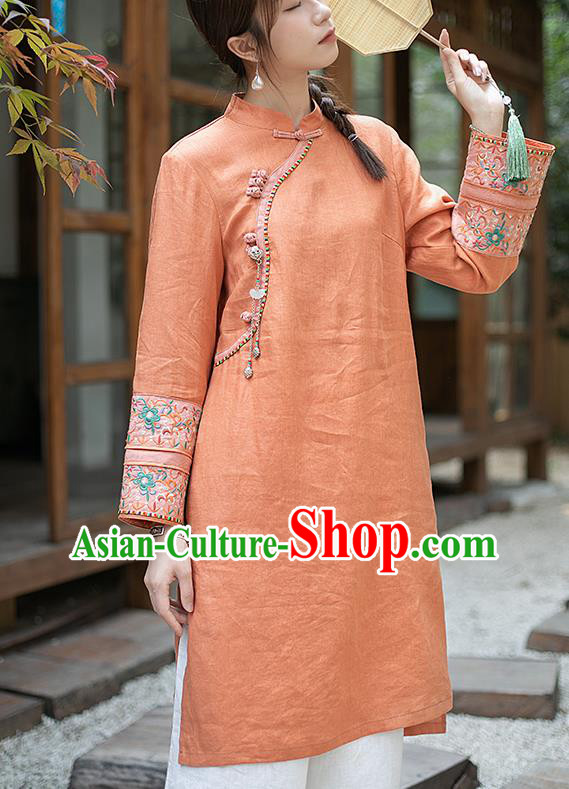 Chinese Traditional Tang Suit Long Shirt Classical Cheongsam Embroidered Orange Flax Blouse Chinese Traditional Tang Suit Long Shirt Classical Cheongsam Embroidered Orange Flax Blouse