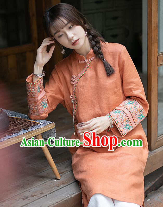 Chinese Traditional Tang Suit Long Shirt Classical Cheongsam Embroidered Orange Flax Blouse Chinese Traditional Tang Suit Long Shirt Classical Cheongsam Embroidered Orange Flax Blouse