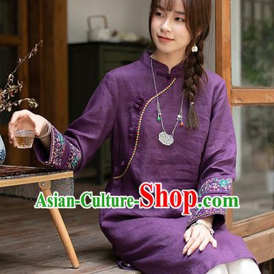Chinese Classical Cheongsam Embroidered Purple Flax Blouse Traditional Tang Suit Long Shirt