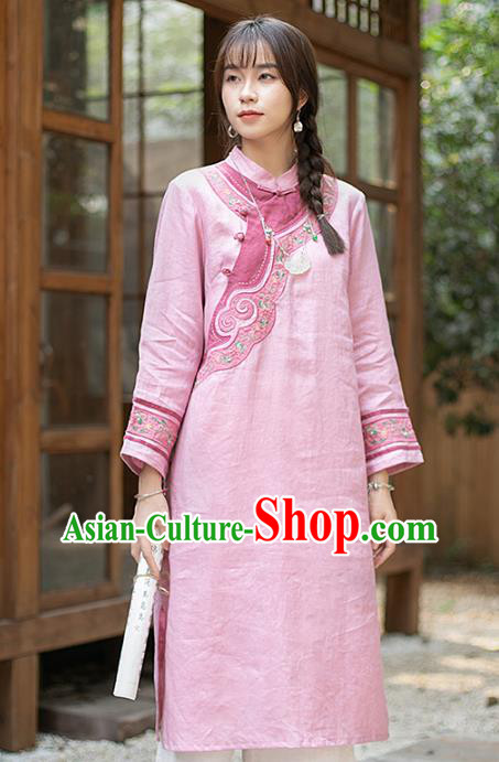 China Classical Embroidered Cheongsam Zen Costume Traditional Young Lady Pink Flax Qipao Dress China Classical Embroidered Cheongsam Zen Costume Traditional Young Lady Pink Flax Qipao Dress