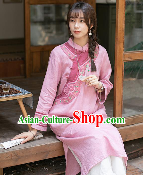 China Classical Embroidered Cheongsam Zen Costume Traditional Young Lady Pink Flax Qipao Dress China Classical Embroidered Cheongsam Zen Costume Traditional Young Lady Pink Flax Qipao Dress