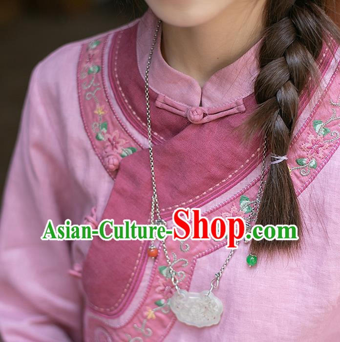 China Classical Embroidered Cheongsam Zen Costume Traditional Young Lady Pink Flax Qipao Dress China Classical Embroidered Cheongsam Zen Costume Traditional Young Lady Pink Flax Qipao Dress