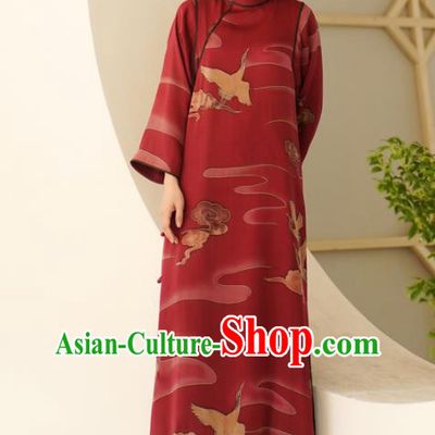 Top Female Red Silk Cheongsam Republic of China Classical Cranes Pattern Design Qipao Dress Clothing