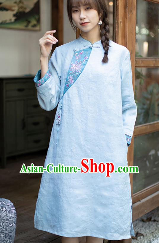 China Traditional Young Lady Blue Flax Qipao Dress Classical Embroidered Cheongsam Zen Costume China Traditional Young Lady Blue Flax Qipao Dress Classical Embroidered Cheongsam Zen Costume