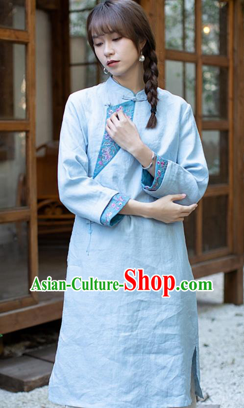 China Traditional Young Lady Blue Flax Qipao Dress Classical Embroidered Cheongsam Zen Costume China Traditional Young Lady Blue Flax Qipao Dress Classical Embroidered Cheongsam Zen Costume
