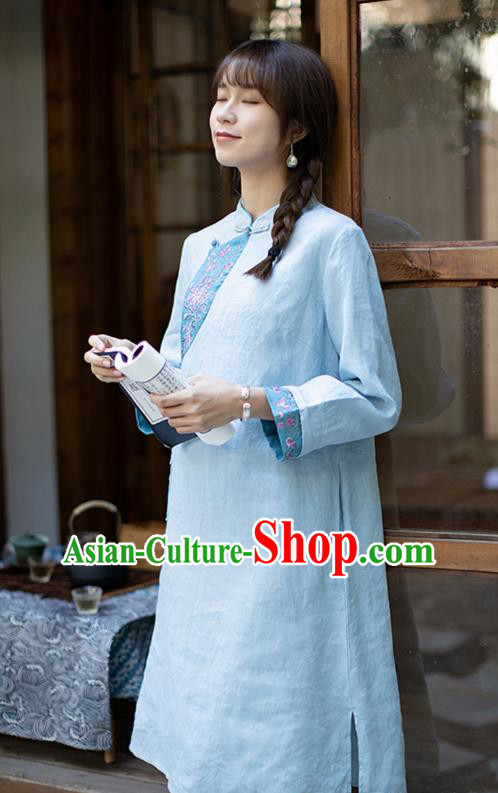 China Traditional Young Lady Blue Flax Qipao Dress Classical Embroidered Cheongsam Zen Costume China Traditional Young Lady Blue Flax Qipao Dress Classical Embroidered Cheongsam Zen Costume