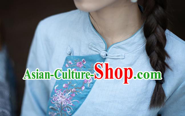 China Traditional Young Lady Blue Flax Qipao Dress Classical Embroidered Cheongsam Zen Costume China Traditional Young Lady Blue Flax Qipao Dress Classical Embroidered Cheongsam Zen Costume