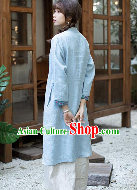 China Traditional Young Lady Blue Flax Qipao Dress Classical Embroidered Cheongsam Zen Costume China Traditional Young Lady Blue Flax Qipao Dress Classical Embroidered Cheongsam Zen Costume