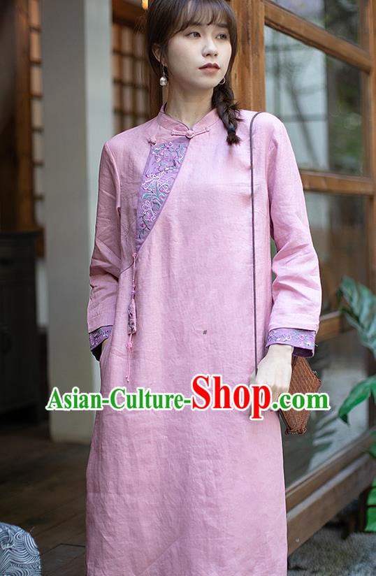 China Zen Costume Traditional Young Lady Pink Flax Qipao Dress Classical Embroidered Cheongsam China Zen Costume Traditional Young Lady Pink Flax Qipao Dress Classical Embroidered Cheongsam