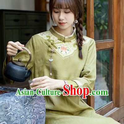 China Classical Embroidered Cheongsam Zen Costume Traditional Young Lady Green Flax Qipao Dress