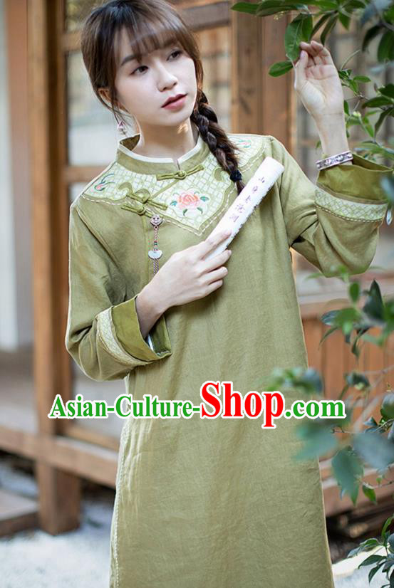 China Classical Embroidered Cheongsam Zen Costume Traditional Young Lady Green Flax Qipao Dress