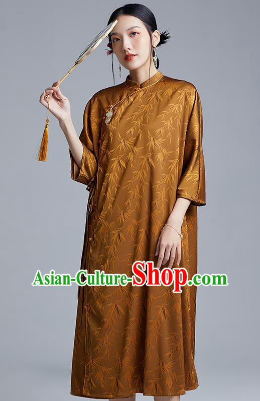 China Classical Bamboo Leaf Pattern Cheongsam Costume Traditional Young Lady Brown Silk Qipao Dress China Classical Bamboo Leaf Pattern Cheongsam Costume Traditional Young Lady Brown Silk Qipao Dress